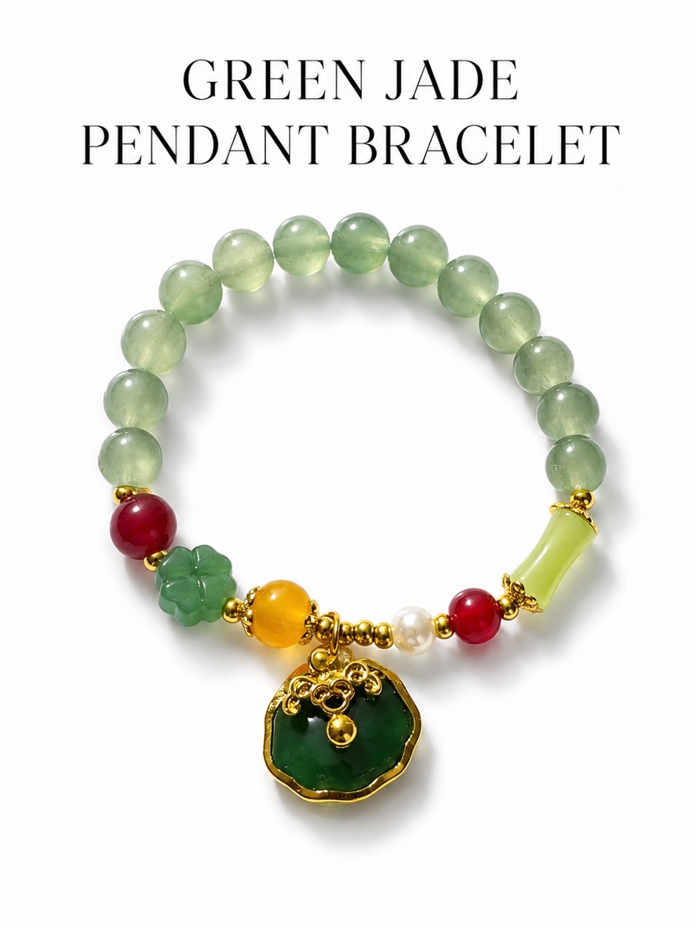 Green Jade Pendant Bracelet with Multicolor Accents